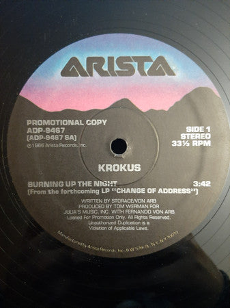 Krokus : Burning Up The Night (12", Single, Promo)