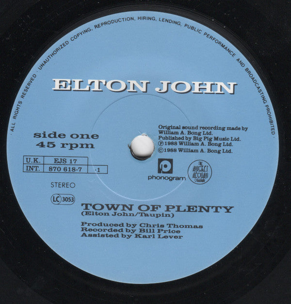 Elton John : Town Of Plenty (7", Single, Ltd)