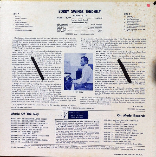 Bobby Troup : Bobby Swings Tenderly (LP, Album, Mono)