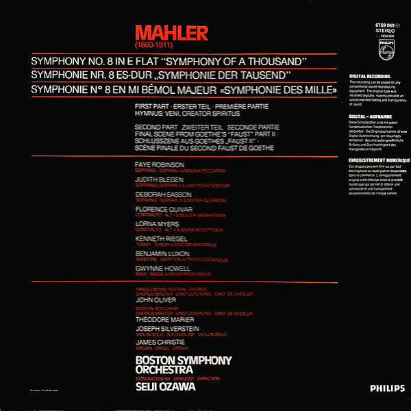 Mahler* - Boston Symphony Orchestra, Tanglewood Festival Chorus, Seiji Ozawa : Symphony Of A Thousand (No. 8) (2xLP + Box)