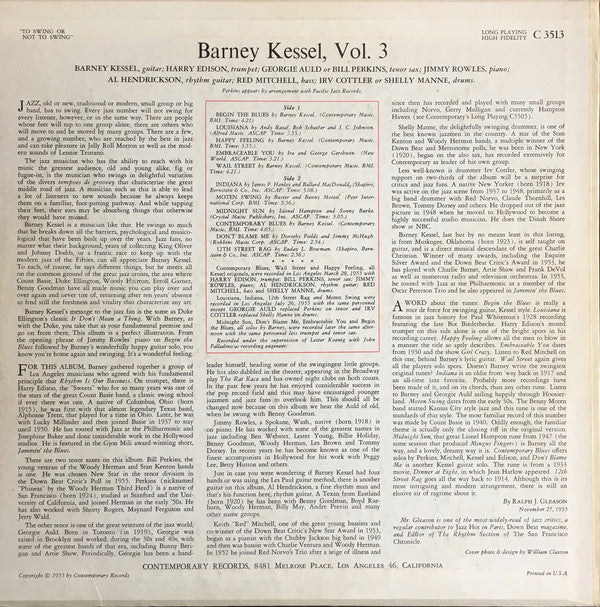 Barney Kessel : Vol. 3, To Swing Or Not To Swing (LP, Album, Mono)