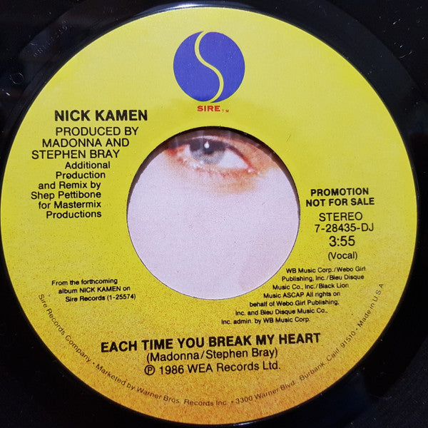 Nick Kamen : Each Time You Break My Heart (7", Single, Promo)