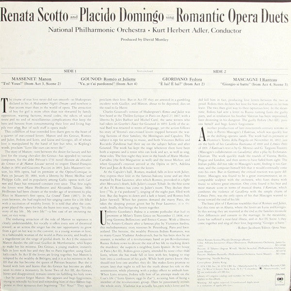 Renata Scotto And Placido Domingo With National Philharmonic Orchestra, Kurt Herbert Adler : Sing Romantic Opera Duets (LP)