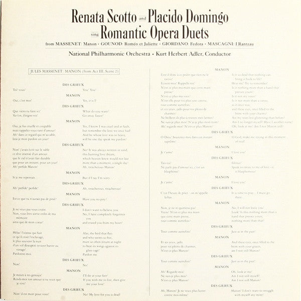 Renata Scotto And Placido Domingo With National Philharmonic Orchestra, Kurt Herbert Adler : Sing Romantic Opera Duets (LP)