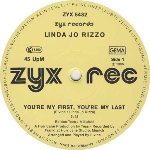 Linda Jo Rizzo : You're My First, You're My Last (12", Maxi)