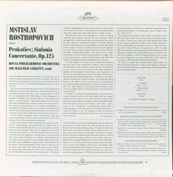 Mstislav Rostropovich, Sir Malcolm Sargent, Royal Philharmonic Orchestra* - Prokofiev* : Sinfonia Concertante, Op. 125 (LP,  )