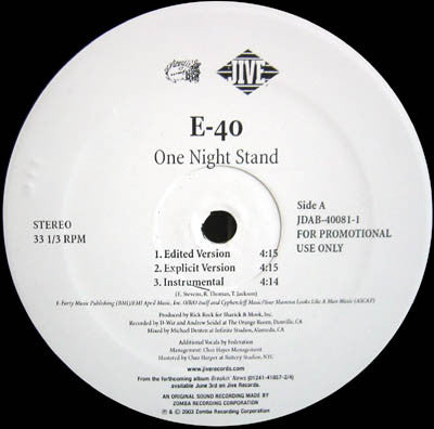 E-40 : One Night Stand / Gasoline (12", Promo)