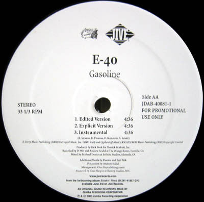 E-40 : One Night Stand / Gasoline (12", Promo)