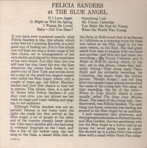 Felicia Sanders : At The Blue Angel (2x7", EP)