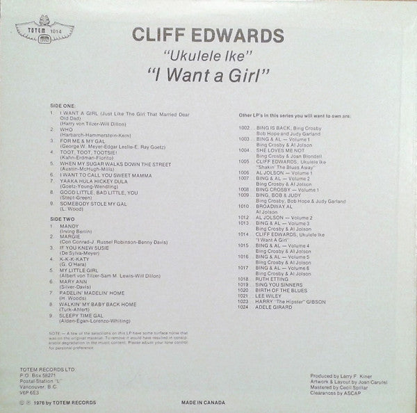 Cliff Edwards 'Ukulele Ike'* : I Want A Girl (LP, Comp)