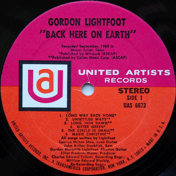 Gordon Lightfoot : Back Here On Earth (LP, Album)