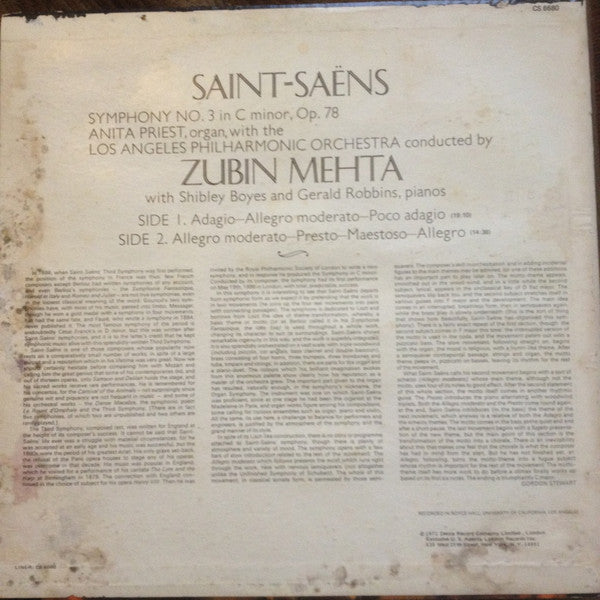 Saint-Saëns*, Zubin Mehta, The Los Angeles Philharmonic Orchestra*, Anita Priest, Shibley Boyes, Gerald Robbins : Symphony No. 3 In C Minor, Op. 78 (LP, Album)