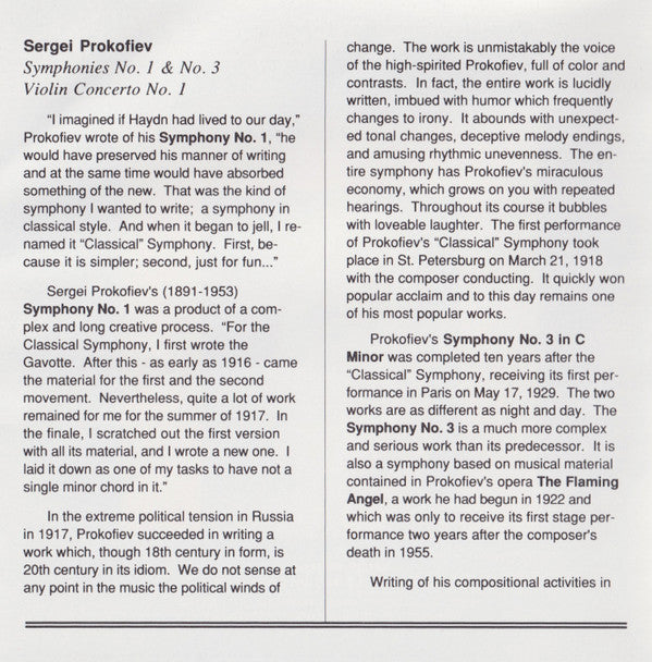 Sergei Prokofiev, Большой Симфонический Оркестр Всесоюзного Радио, Gennadi Rozhdestvensky : Symphonies No. 1 & No. 3 And Concerto No. 1 (CD, Comp, RE, RM)