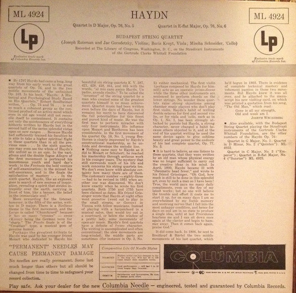 Haydn*, Budapest String Quartet : Quartet In D Major, Op. 76, No. 5 / Quartet In E-Flat Major, Op. 76, No. 6 (LP, Mono)