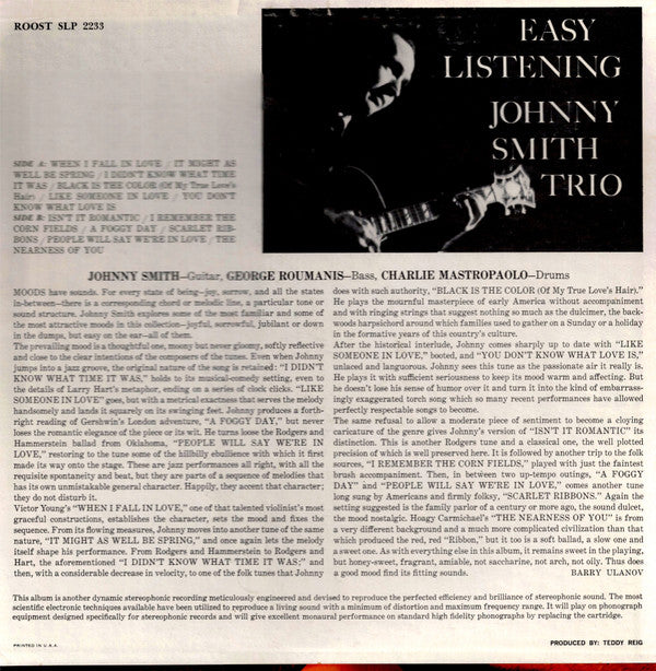 Johnny Smith Trio : Easy Listening (LP, Album, RE)