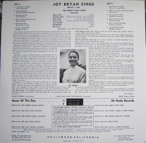 Joy Bryan, The Marty Paich Septet : Joy Bryan Sings (LP, Album, RE, Hi-)