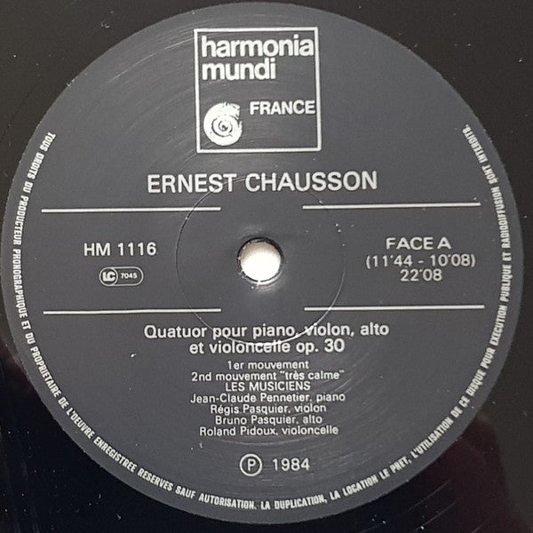 Ernest Chausson, Jean-Claude Pennetier, Bruno Pasquier, Régis Pasquier, Roland Pidoux : Quatuor Avec Piano Op. 30 (LP, Album)