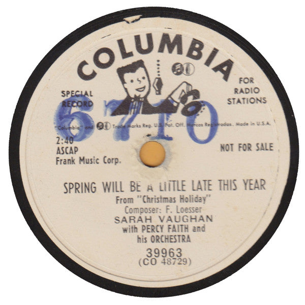 Sarah Vaughan, Percy Faith & His Orchestra : Spring Will Be A Little Late This Year / A Blues Serenade (10", Single, Promo)