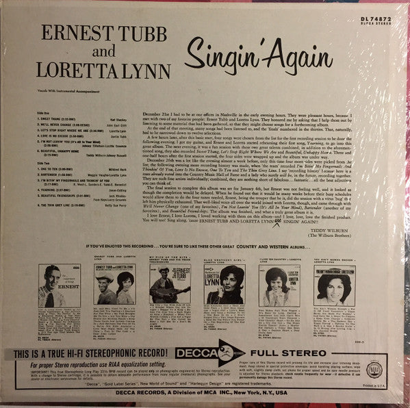 Ernest Tubb And Loretta Lynn : Singin' Again (LP, Album)